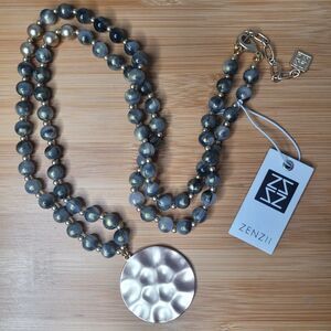 Zenzii Statement Beaded Long Necklace Warm Gray Metallic Gold